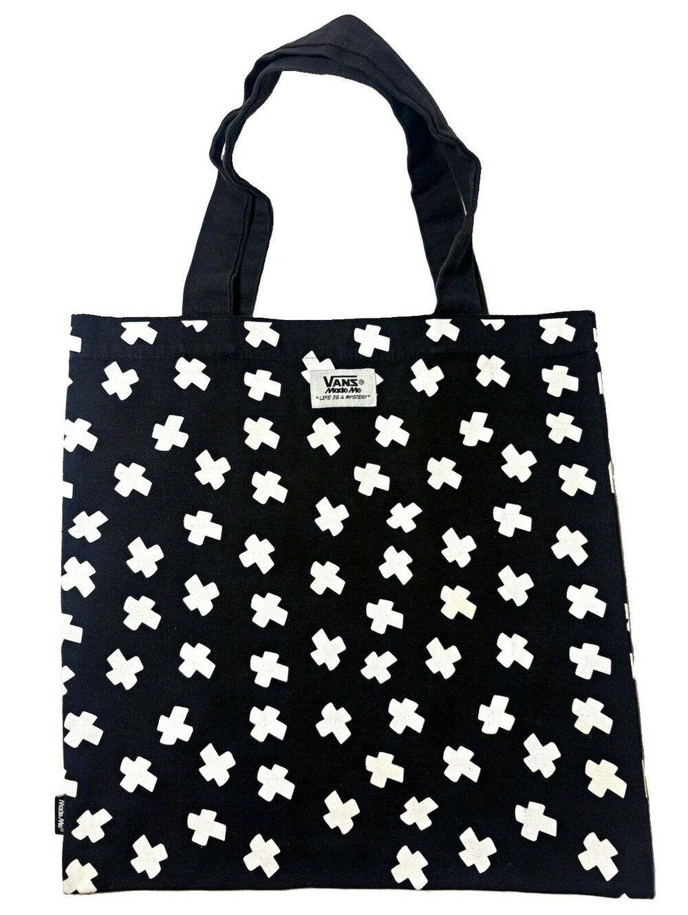 Vans x MadeMe Tote Bag - Black White Cross Print "Life Is A Mystery" RARE 13x14
